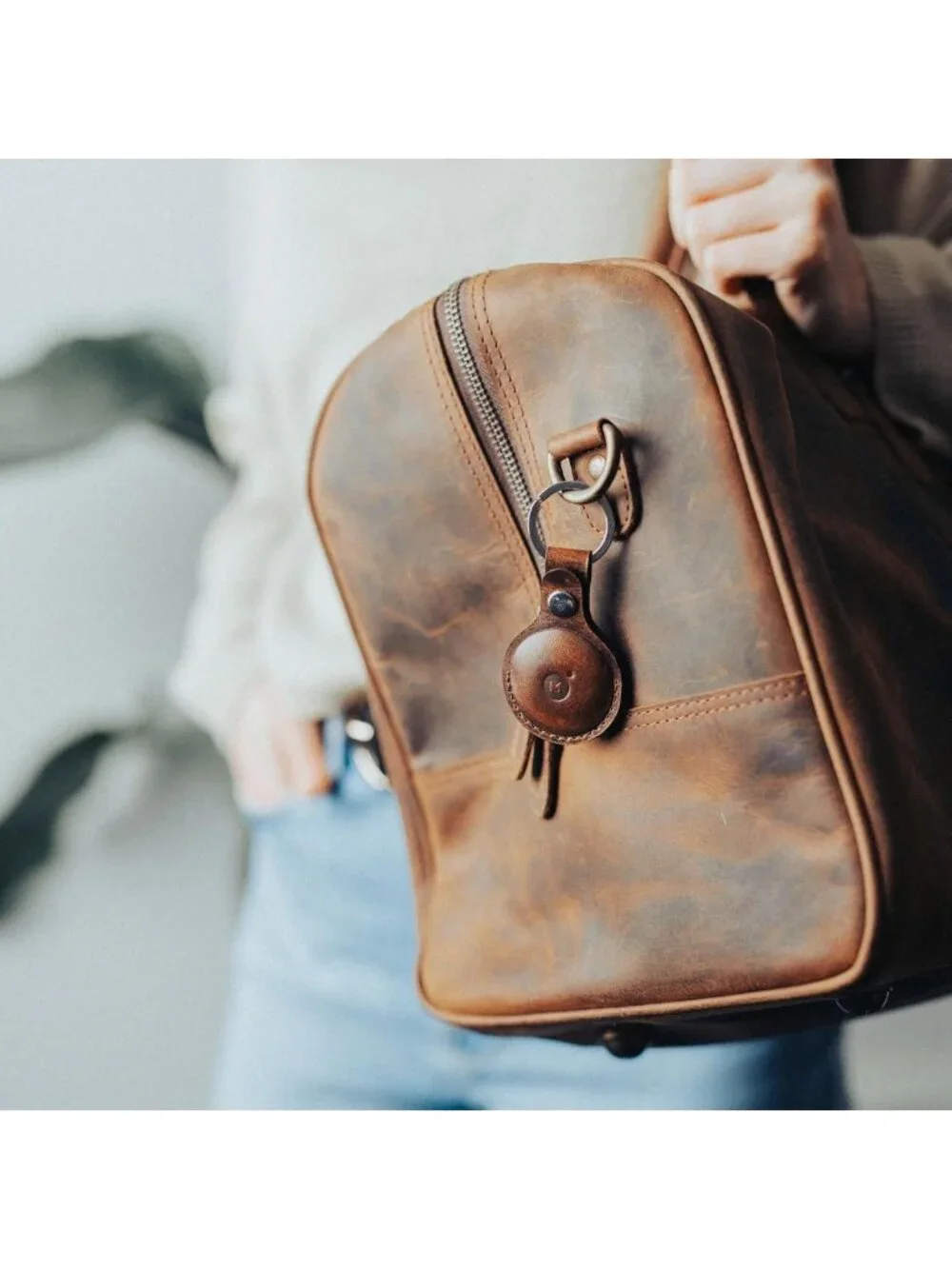Genuine Leather AirTag Keychain Holder - Full-Grain Buffalo, Snap Closure, 4